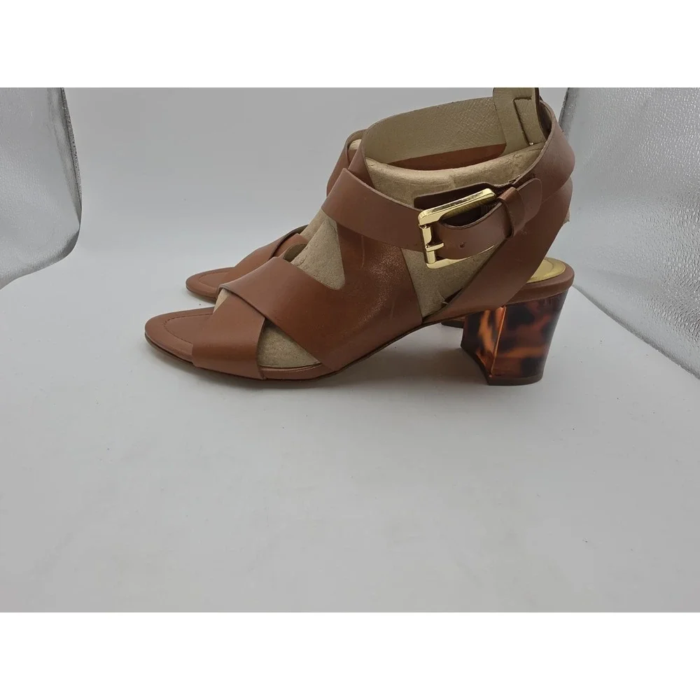 MICHAEL Michael Kors Maribella Luggage Brown Leather Sandals Tortoise Heel Sz 10